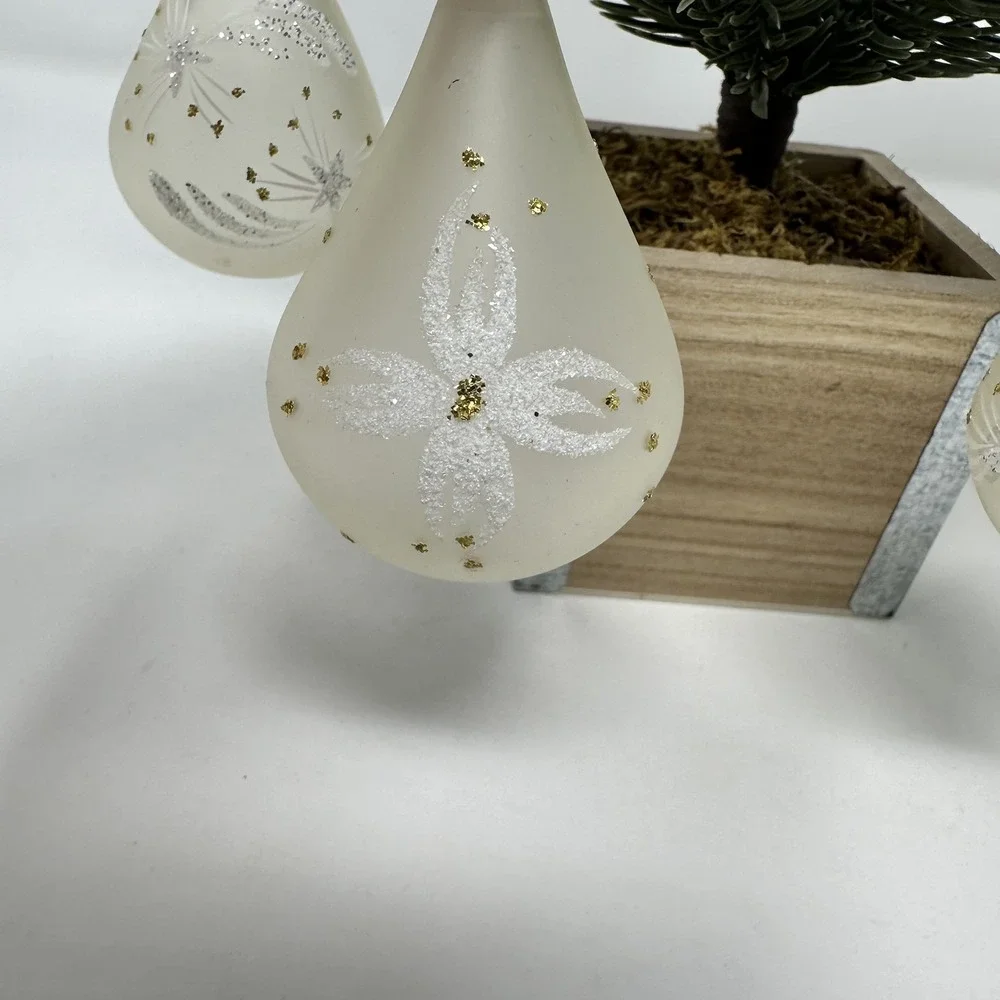 Vintage Glass Christmas Teardrop Ornaments Glitter Star Flower Set 4 Holiday Dec